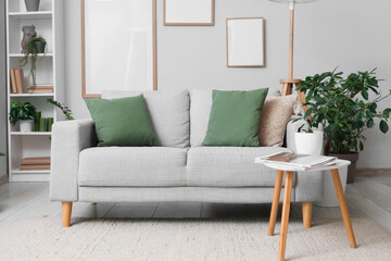 Interior of living room with sofa, coffee table and houseplants
