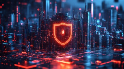 Obraz premium A futuristic cityscape with a glowing shield symbolizing cybersecurity.