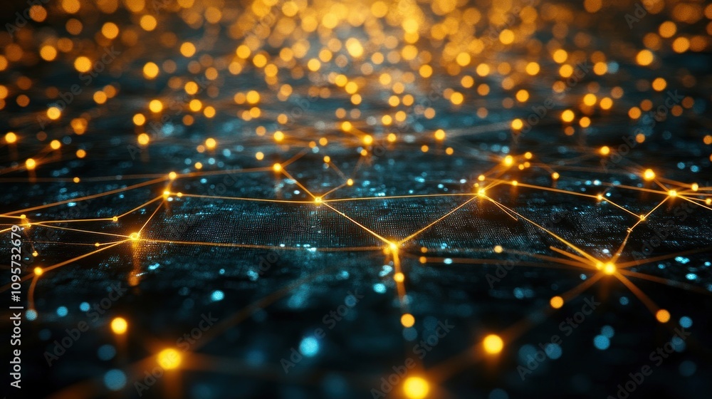 Aufkleber a digital network representation with glowing connections and nodes on a dark background.