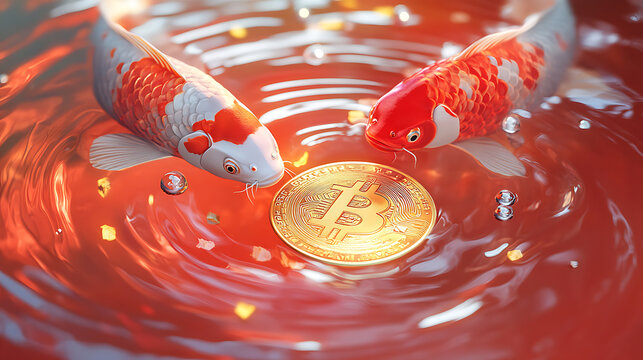 Fortune and wealth revealed koi fish investigate bitcoin in a serene water environment captivating artwork for year 2023