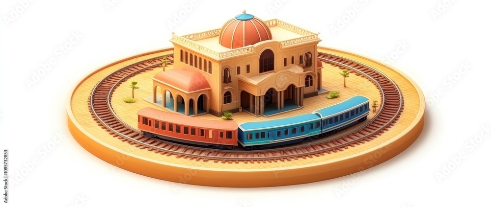 Poster a stylized train station model with two colorful trains on a circular track.