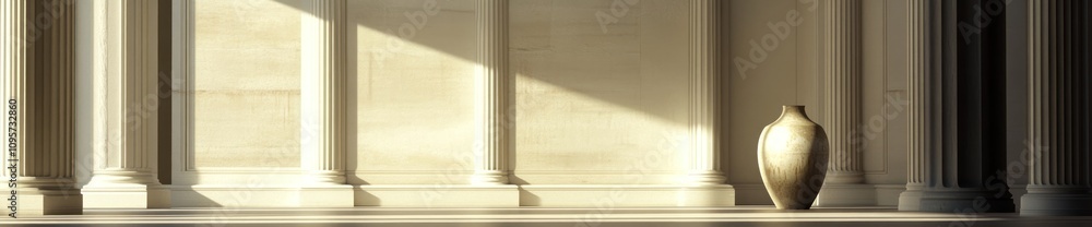 Poster a serene interior scene featuring a vase beside classical columns and soft light.