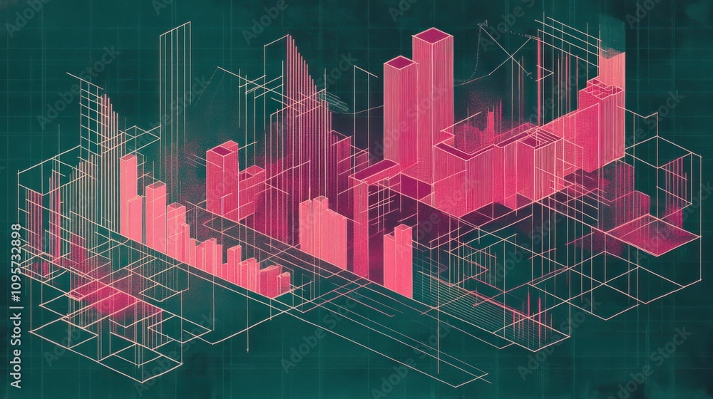 Poster Abstract data visualization with geometric shapes in pink and teal hues.