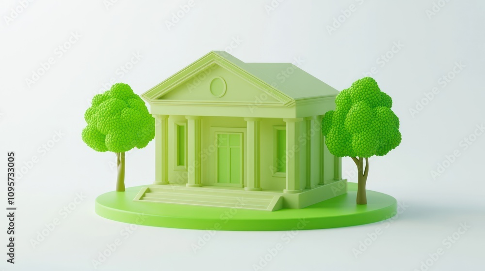 Poster a stylized green building with columns and trees, representing an eco-friendly design.