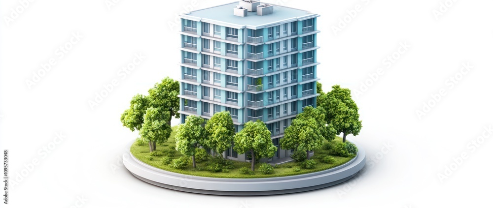 Poster a modern multi-story building surrounded by greenery on a circular base.