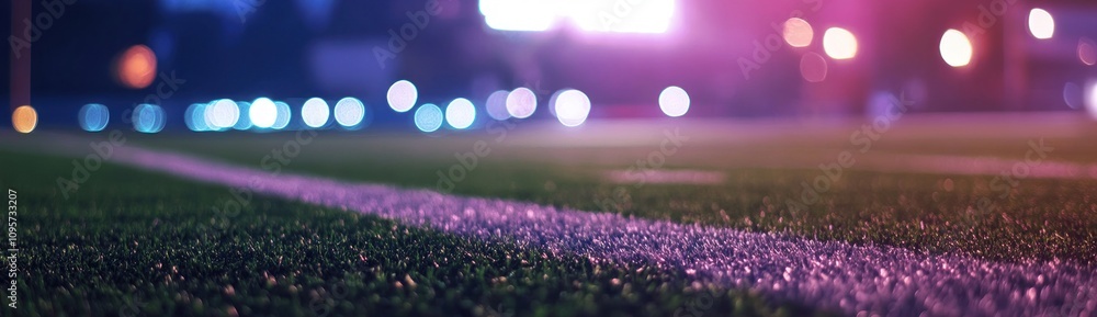 Poster a close-up view of a sports field with blurred lights in the background.