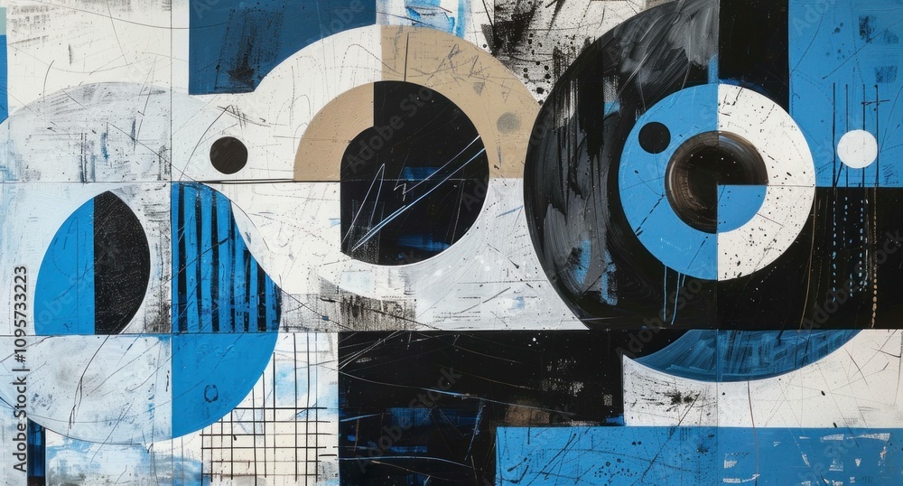 Poster abstract blue and black geometric shapes with overlapping circles and lines, creating a modern and d