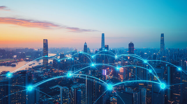 Smart digital Innovation city with connection network reciprocity over the cityscape. of future smart wireless digital city and social media networking systems that connects people with in city