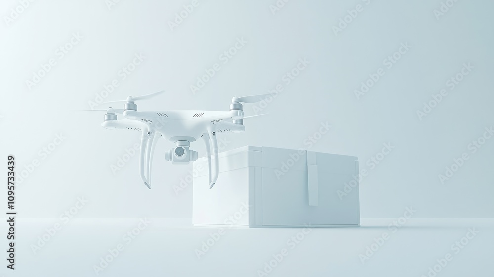Aufkleber a drone hovering over a white box in a minimalistic setting.