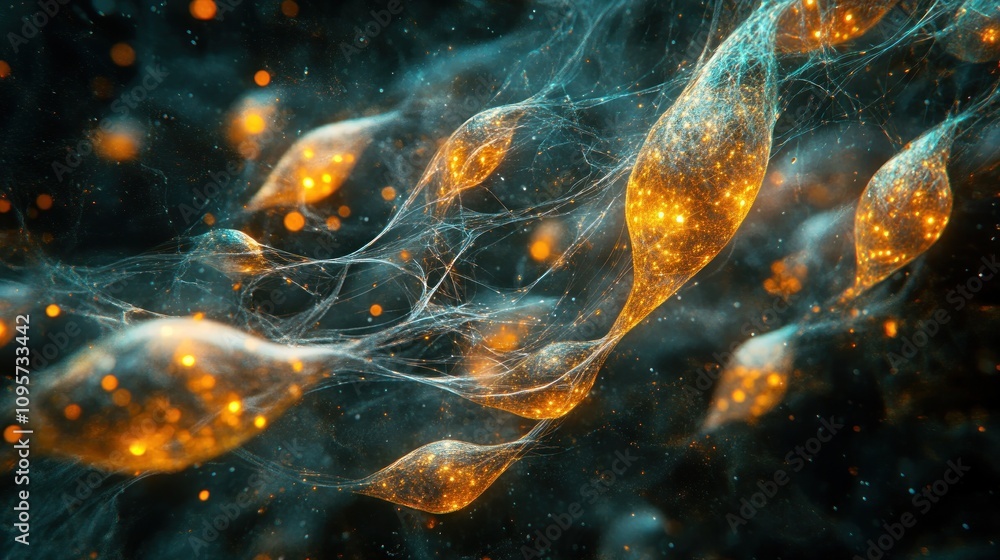 Poster abstract representation of glowing particles and fibers in a dark, cosmic environment.