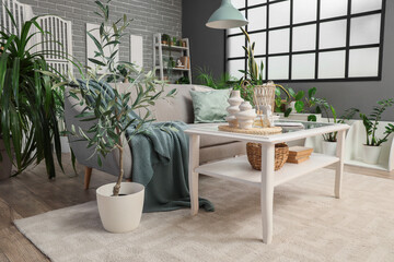 Interior of modern living room with grey sofa, table and plants