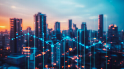 Naklejka premium Smart digital Innovation city with connection network reciprocity over the cityscape. of future smart wireless digital city and social media networking systems that connects people with in city