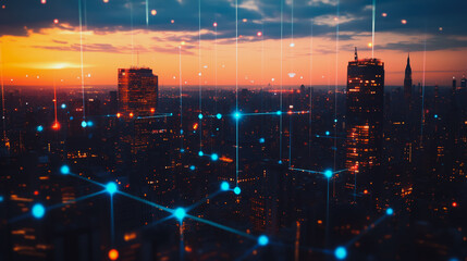 Smart digital Innovation city with connection network reciprocity over the cityscape. of future smart wireless digital city and social media networking systems that connects people with in city