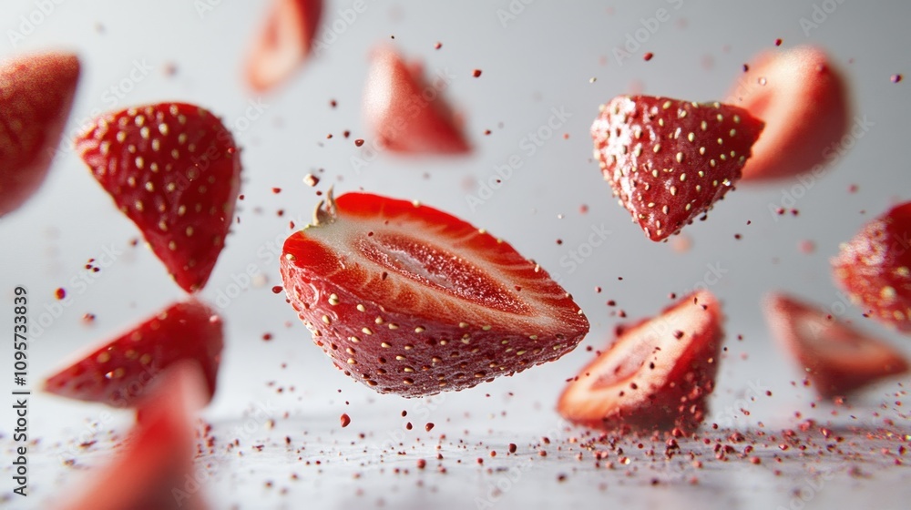 Poster sliced strawberries floating with splashes, showcasing freshness and vibrancy.