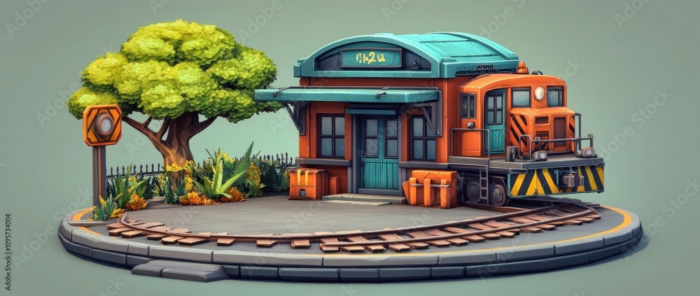 Aufkleber a colorful train station model with a tree and surrounding plants, showcasing a playful design.