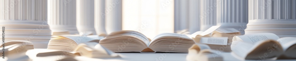 Aufkleber A serene scene of open books scattered on a surface, illuminated by soft light.