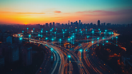 Smart digital Innovation city with connection network reciprocity over the cityscape. of future smart wireless digital city and social media networking systems that connects people with in city