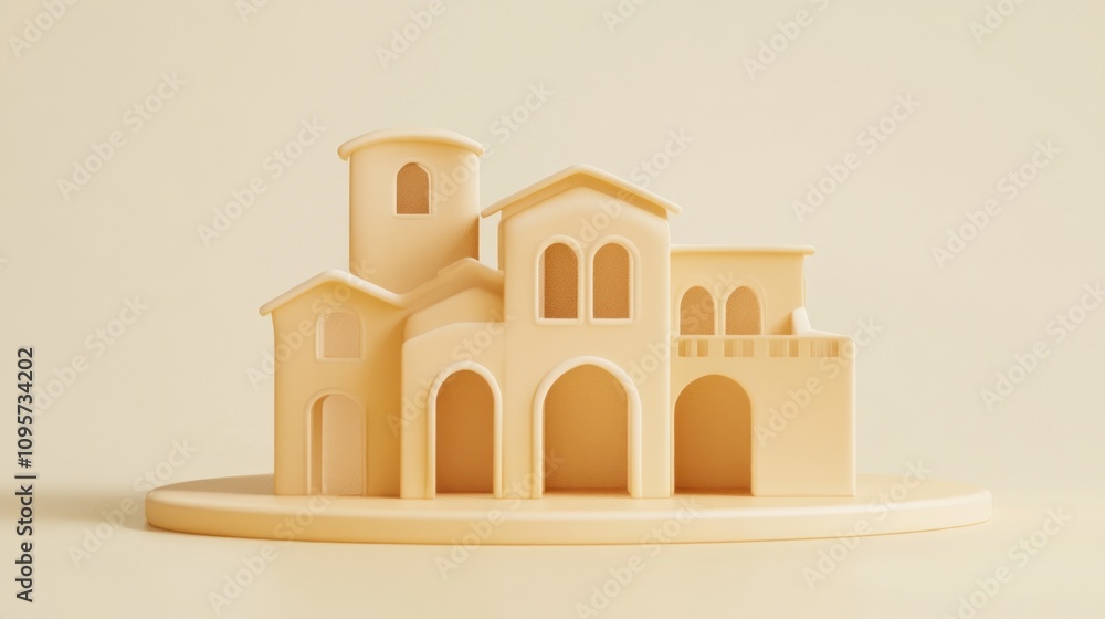 Poster a minimalist architectural model showcasing stylized buildings in soft tones.