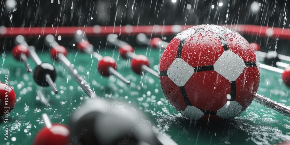 Poster a close-up of a foosball table with a wet soccer ball, emphasizing a rainy atmosphere.