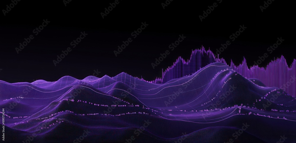 Poster Abstract visualization of sound waves represented as purple mountains against a dark background.