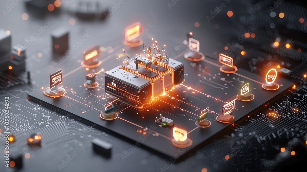 Poster futuristic digital network illustration featuring circuit board with illuminated server and connecte