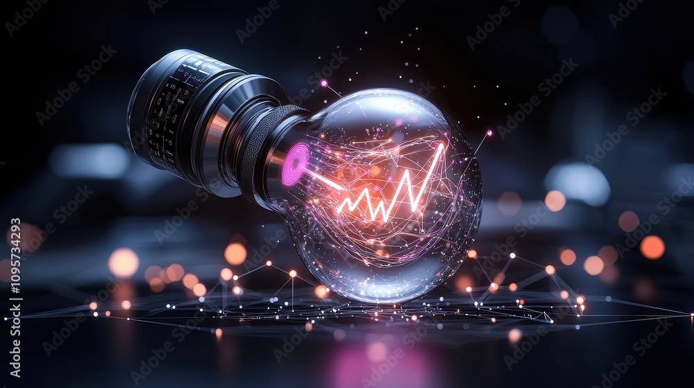 Poster futuristic lightbulb with dynamic data visualization and digital elements representing innovation an