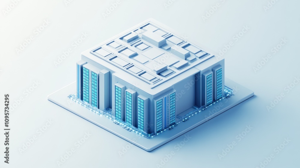 Poster A 3D model of a modern building with a grid-like design and illuminated features.