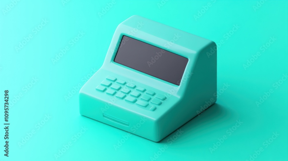 Poster A retro-style, mint-colored calculator with a screen and buttons for input.
