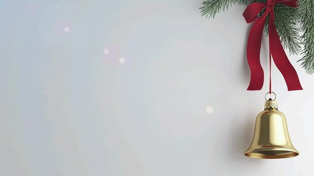 A golden Christmas bell with red ribbon and pine leaves, copy space for text, video footage greeting card.