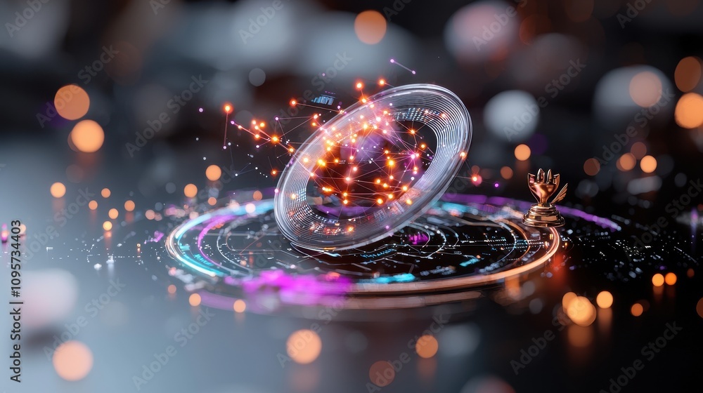 Poster abstract digital concept featuring a mesmerizing 3d sphere surrounded by glowing particles and swirl