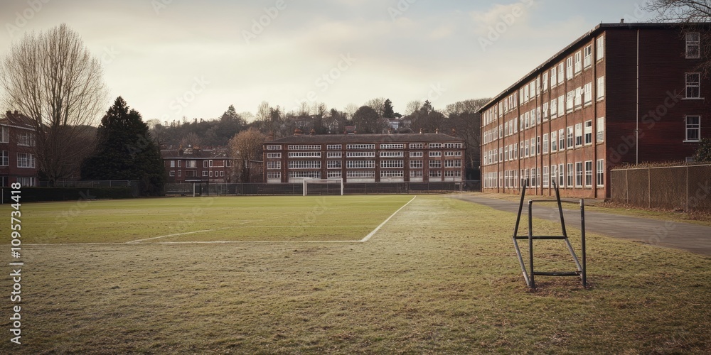 Aufkleber a serene school sports field with buildings in the background under a cloudy sky.