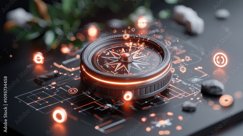 Poster high-tech compass on digital blueprint with glowing elements and natural accents in a futuristic set