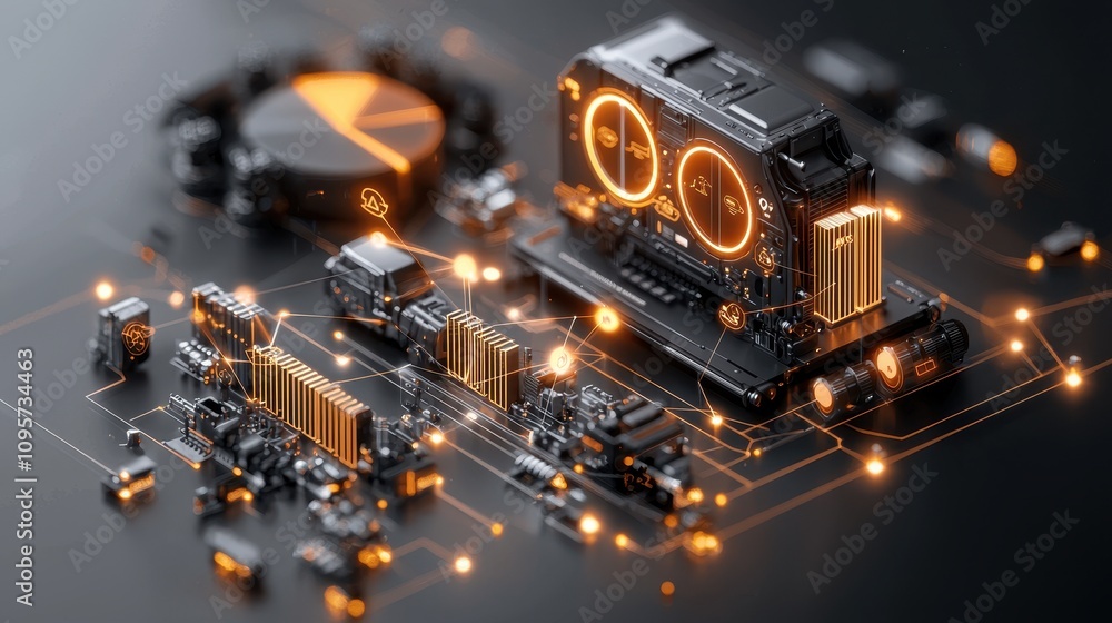Poster abstract technology composition featuring circuit board elements, digital data visualizations, and i