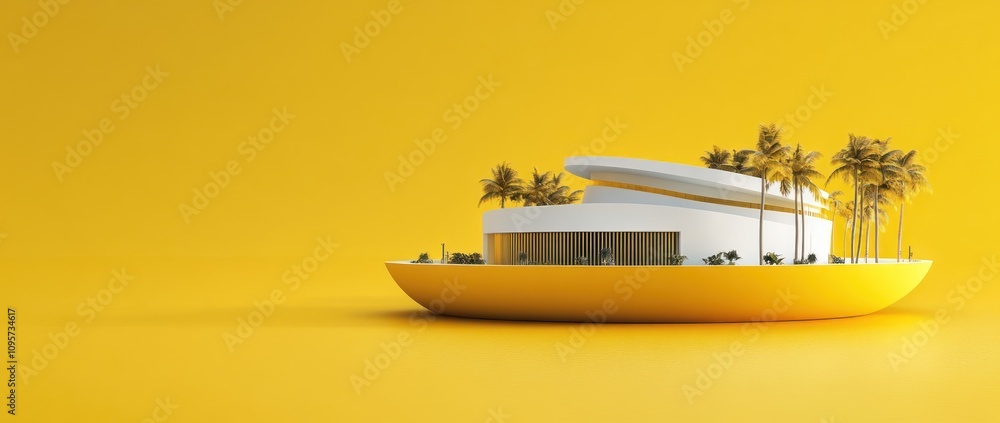 Aufkleber a modern architectural structure on a vibrant yellow background with palm trees.