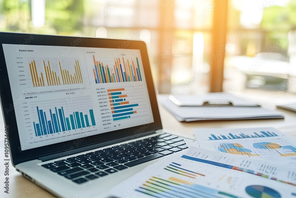 Poster a laptop displaying colorful graphs and charts on a desk with printed reports nearby.