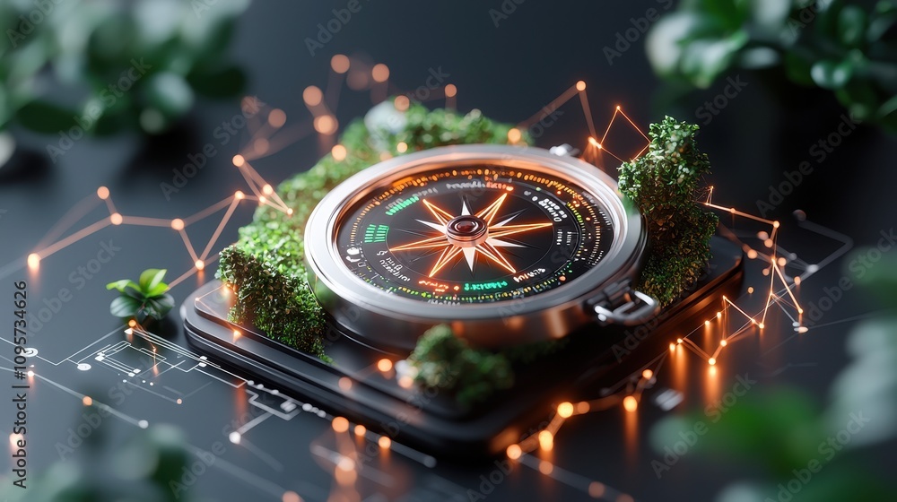 Poster futuristic compass surrounded by vibrant greenery and glowing connections, representing navigation a
