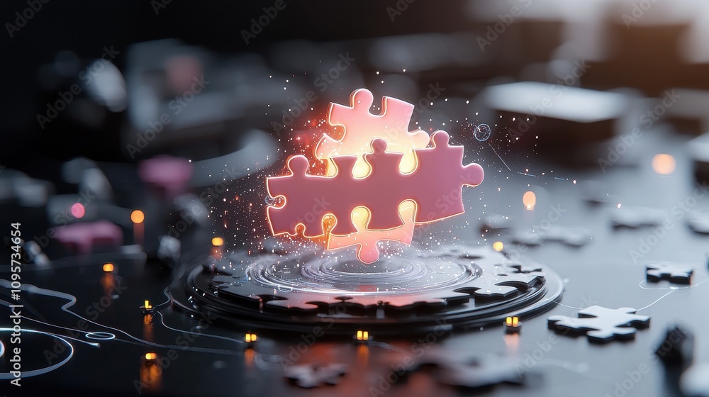 Poster creative and innovative puzzle pieces in a digital environment representing problem solving, teamwor