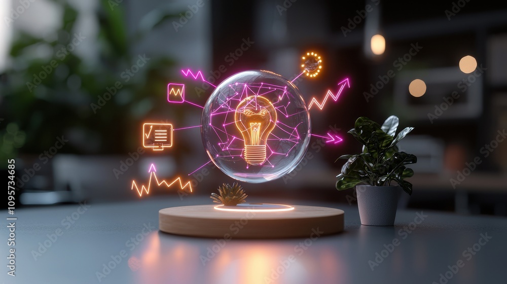 Poster a creative conceptual visualization of a light bulb surrounded by digital icons and data graphics em