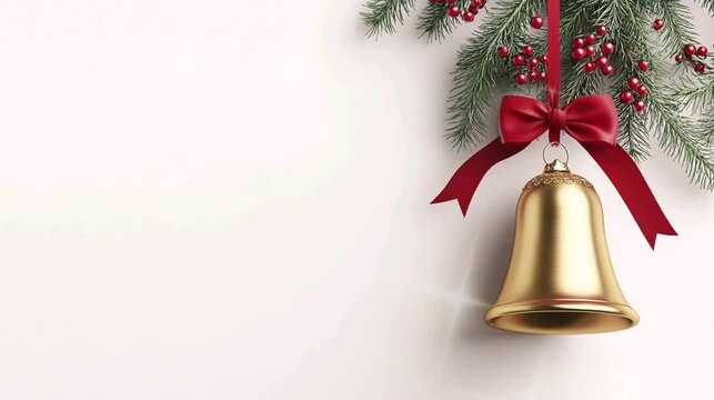 A golden Christmas bell with red ribbon and pine leaves, copy space for text, video footage greeting card.