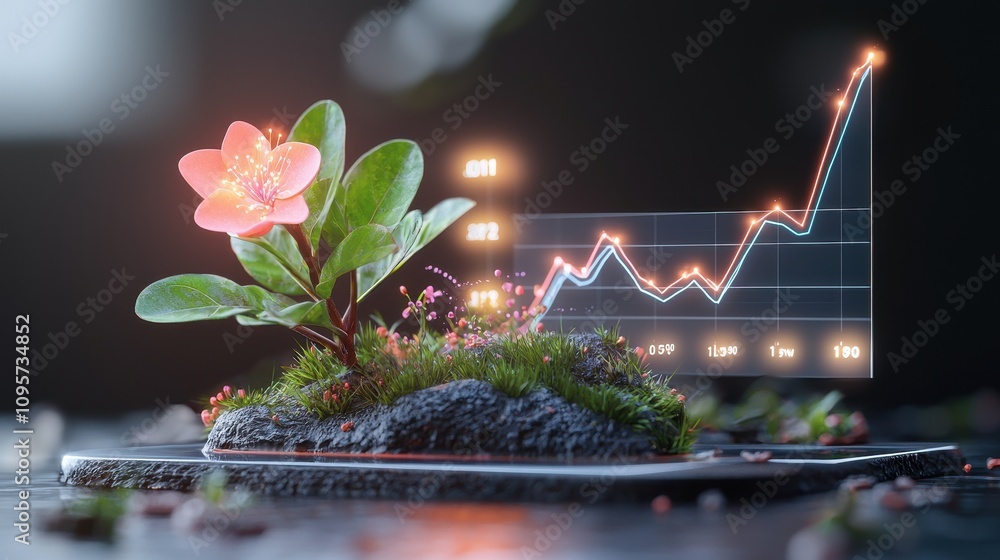Poster a vibrant flower growing from a tablet with a digital graph display, representing the intersection o