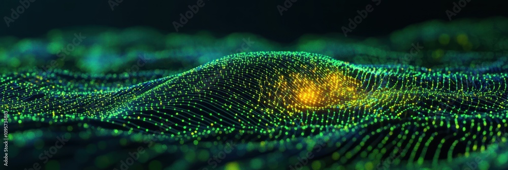 Fototapete Abstract visualization of digital waves with glowing particles in a dark environment.