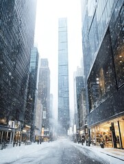 A modern metropolis during heavy snowfall with no people in the streets tall skyscrapers cloaked in snowflakes and city lights reflecting off snow-covered streets and shopping outlets