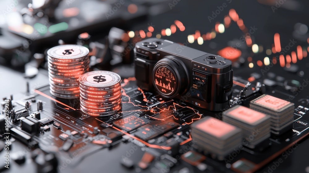 Poster a high-tech digital setup featuring a camera, stacked coins, and data charts in a modern financial w