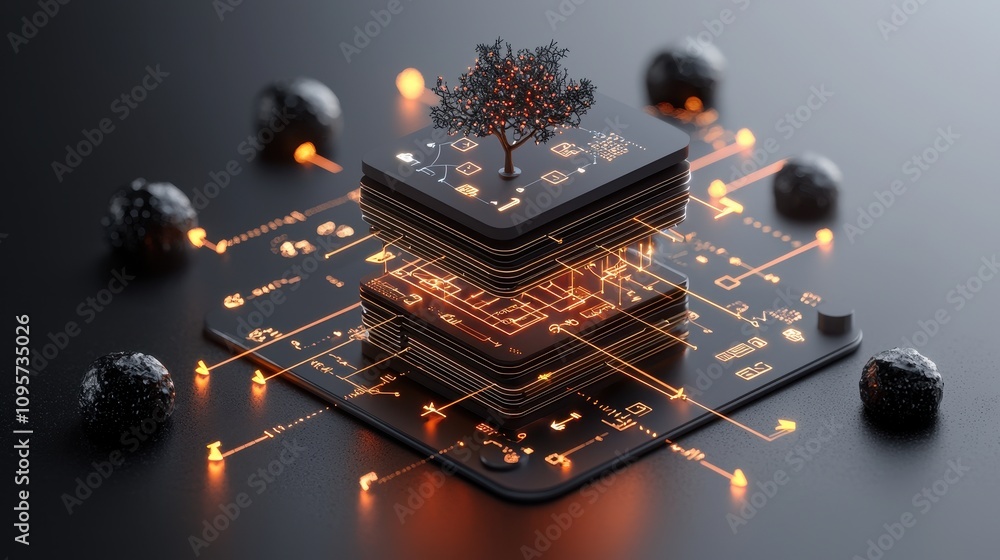 Poster abstract representation of digital technology with central tree symbolizing growth and innovation on