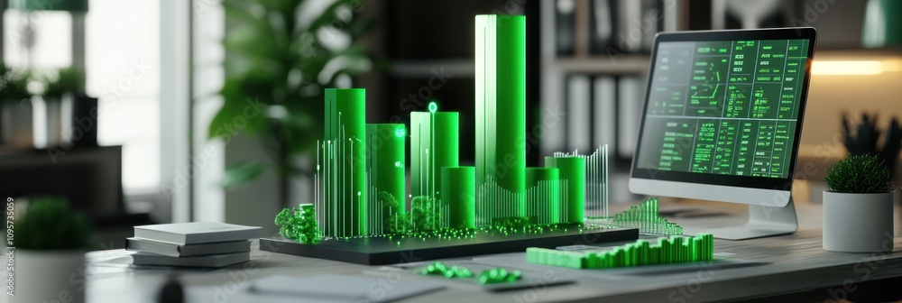 Poster A digital model of a green urban landscape displayed on a desk with a computer.