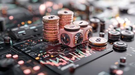 Modern Finance Concept Featuring Stacked Coins, Digital Charts, and Dollar Symbols Against a Tech-Inspired Background for Investment and Economic Themes