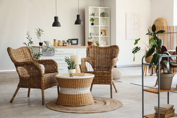Interior of light kitchen with armchairs, table and plants