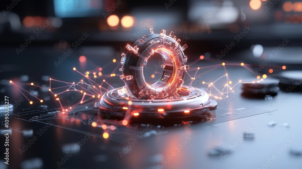 Poster futuristic technology concept with circular structure and abstract connections on dark surface, illu