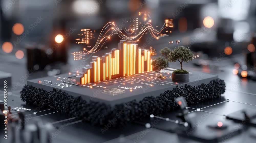 Poster futuristic data visualization with 3d graph and green trees representing growth and innovation in te