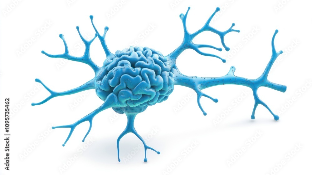 Aufkleber A stylized blue neuron resembling a brain, illustrating neural connections and functions.